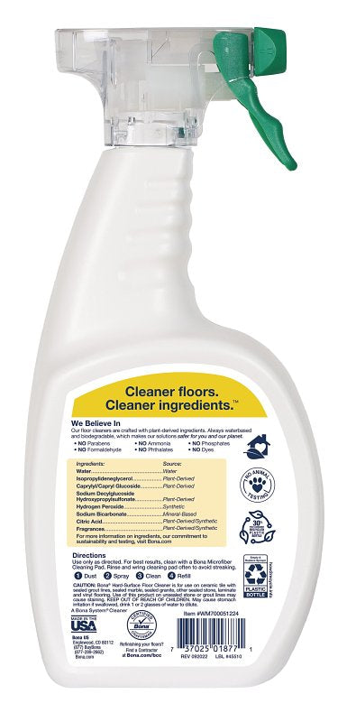 Bona WM700051224 Hard-Surface Floor Cleaner, 32 oz Bottle, Liquid, Lemon, Clear