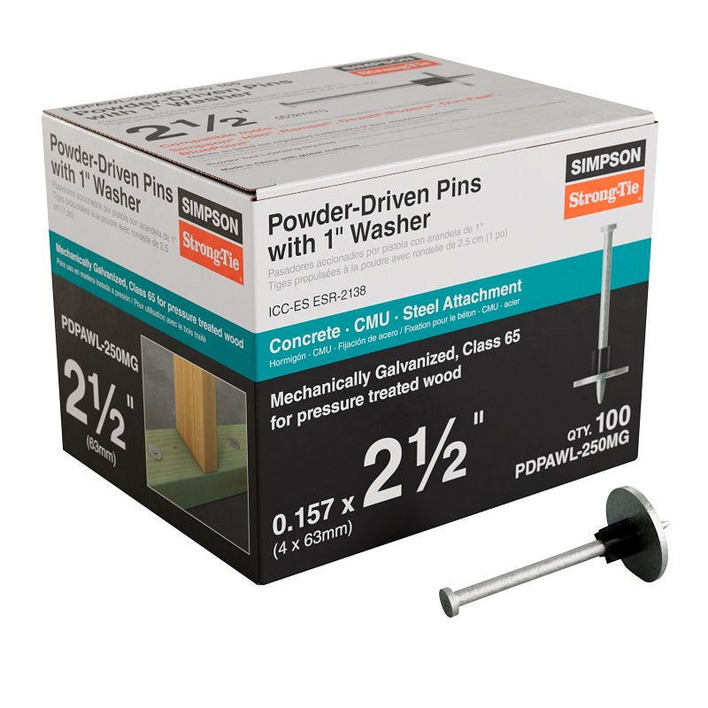 Simpson Strong-Tie PDPAWL Series PDPAWL-250MG Drive Pin, 0.157 in Dia Shank, 2-1/2 in L, Steel, Class 65 Galvanized/Zinc