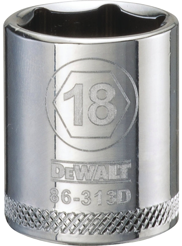 DEWALT DWMT86313OSP Drive Hand Socket, 18 mm Socket, 3/8 in Drive, 6-Point, Steel, Polished Chrome Vanadium