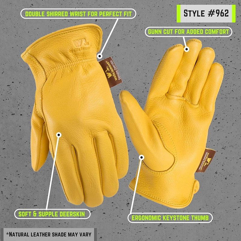 Wells Lamont 962-M Gloves, Men's, M, Keystone Thumb, Deerskin Leather, Gold/Yellow