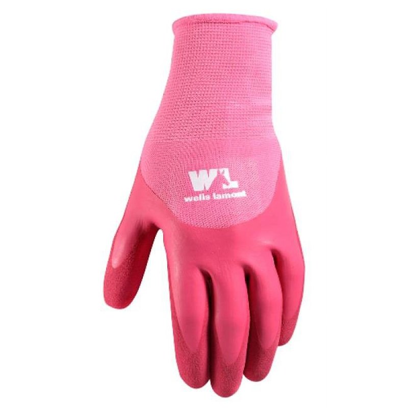 Wells Lamont 607-M Coated Gloves, Women's, M, Elastic Wrist, Open Cuff, Latex Coating, Latex, Pink