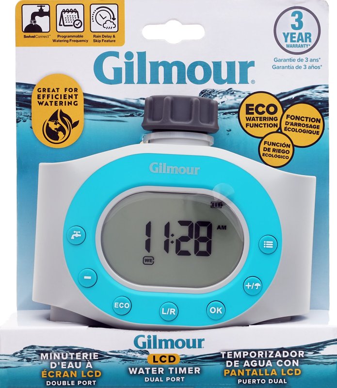 Gilmour Mfg 857006-1001 Dual Spigot Timer, 2-Zone, LCD Display, Multi-Color