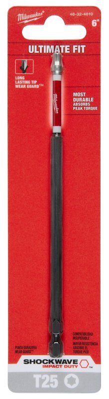 Milwaukee SHOCKWAVE 48-32-4810 Power Screwdriver Bit, #25 Drive, Torx Drive, 1/4 in Shank, Hex Shank, 6 in L, Steel