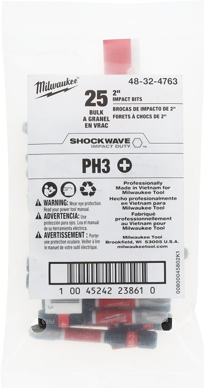 Milwaukee SHOCKWAVE 48-32-4763 Impact-Duty Power Screwdriver Bit, #3 Drive, Phillips Drive, 1/4 in Shank, Hex Shank, Pack of 25