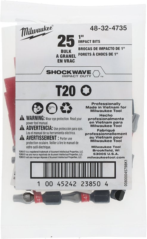 Milwaukee SHOCKWAVE 48-32-4735 Impact-Duty Insert Bit, T20 Drive, Torx Drive, 1 in L, Alloy Steel, Pack of 25