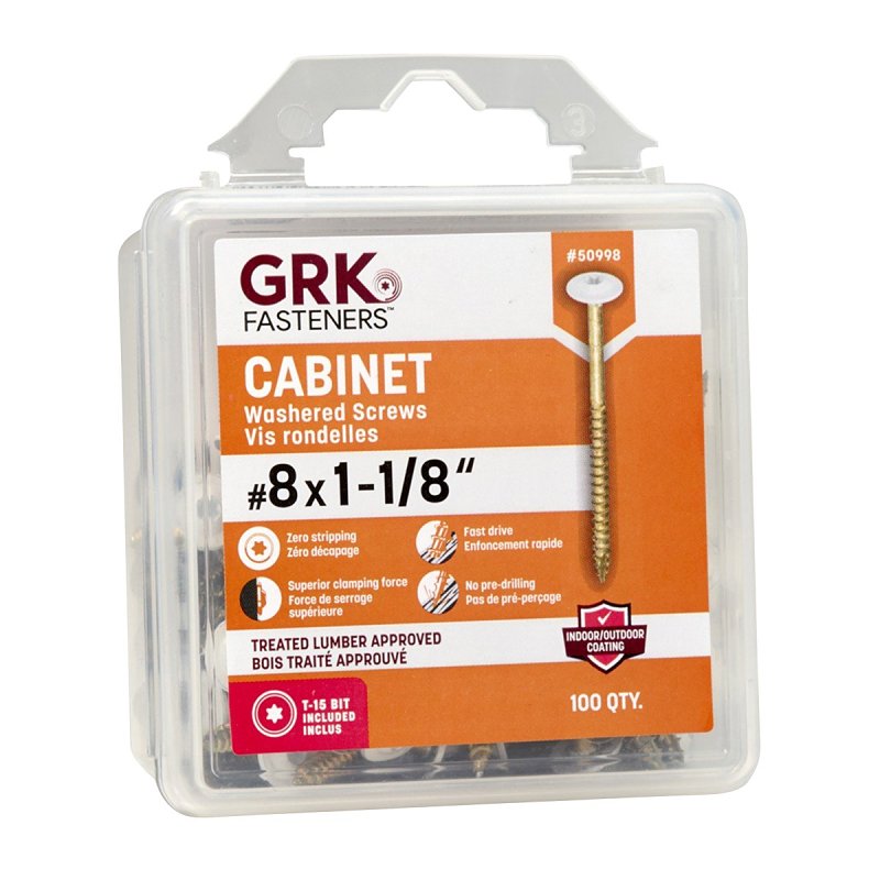GRK Fasteners 50998 Cabinet Screw, #8 Thread, 1-1/8 in L, W-Cut Thread, Low-Profile, Washer Head, Star Drive, Steel