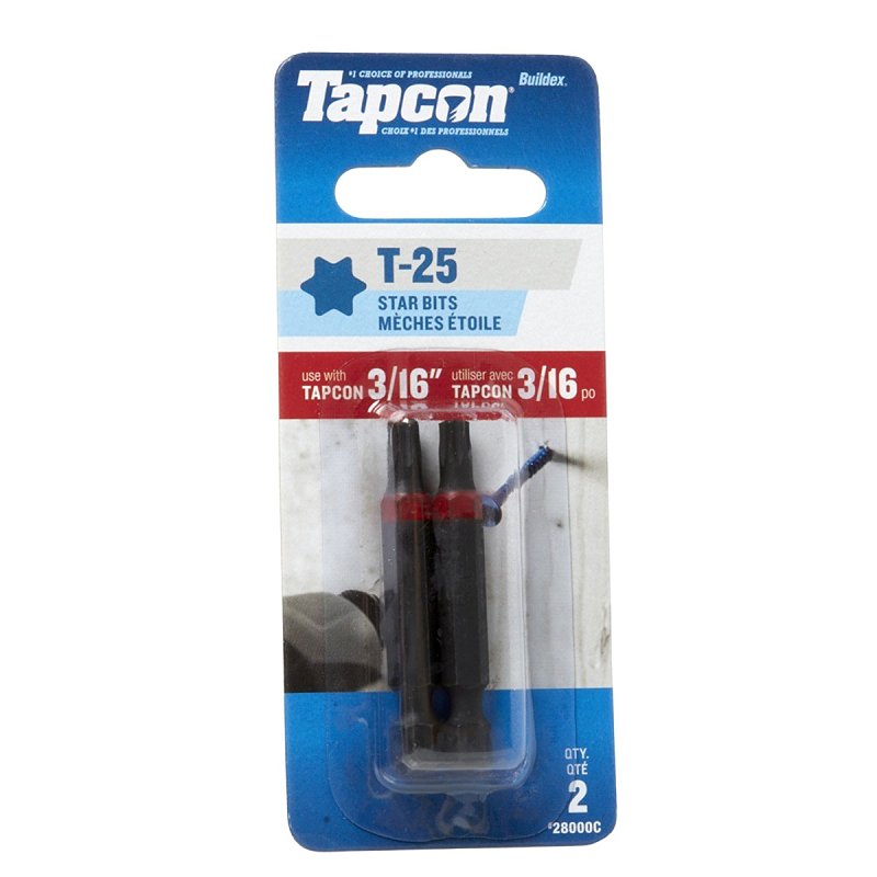 Tapcon 28000C Driver Bit, T25 Drive, Star, Torx Drive, 0.19 in Shank, Hex Shank, 2 in L, Steel