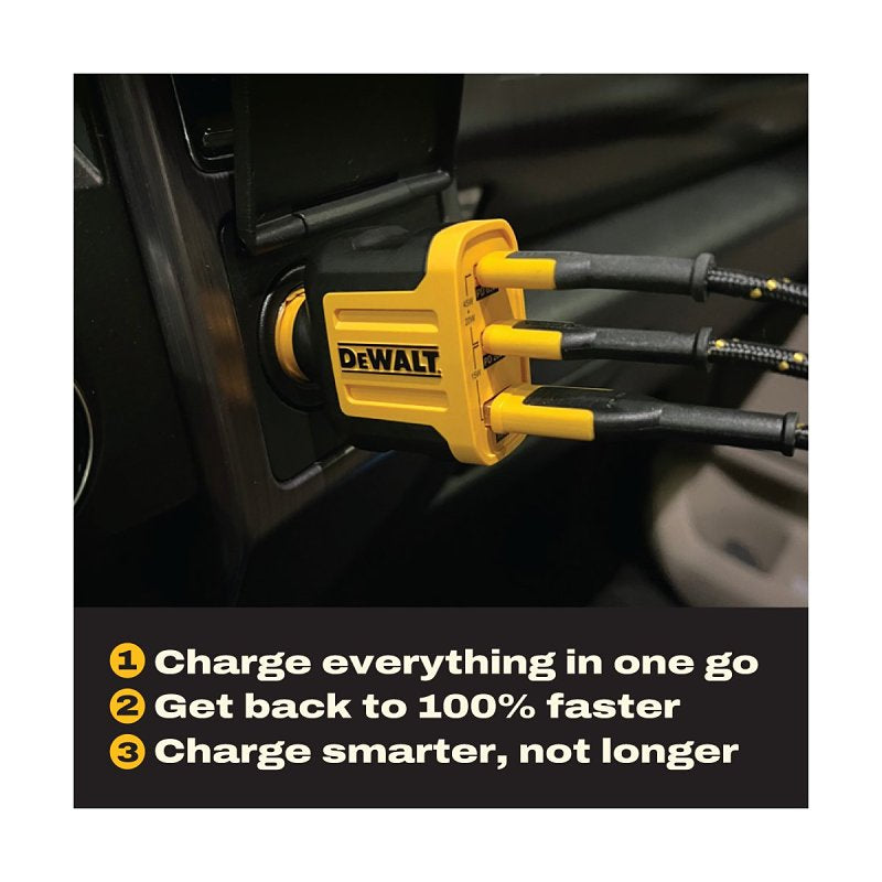 DEWALT 141 0036 DW2 Car Charger, 3-Output Connection, USB A, USB C Output, Black/Yellow Housing, Pack of 2