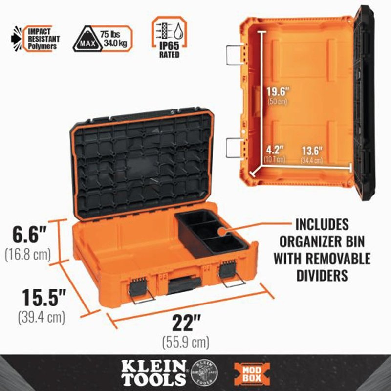 Klein Tools MODbox Series 54300MBX Small Toolbox, 75 lb, Polymer, Orange, 22 in L x 19.1 in H Outside