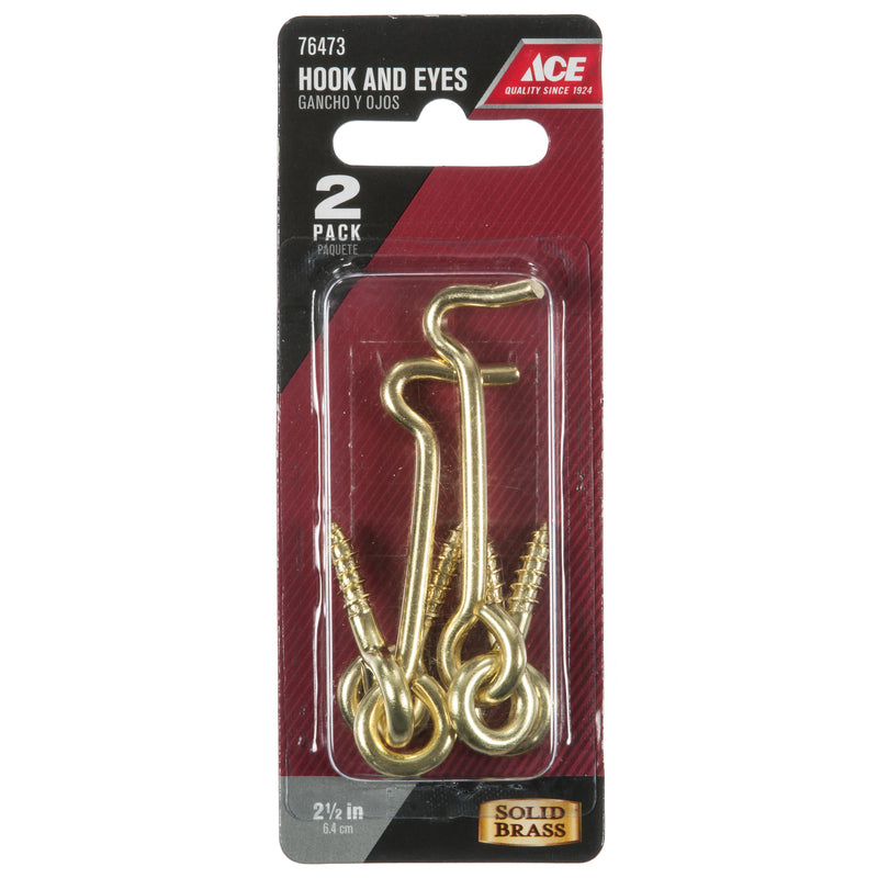 Ace Small Polished Brass Green Brass 2.5 in. L Hook and Eye 2 pk, Pack of 5