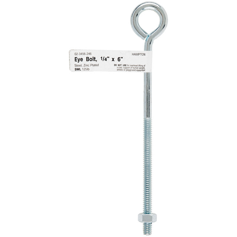 Hampton 1/4 in. X 6 in. L Zinc-Plated Steel Eyebolt Nut Included, Pack of 10