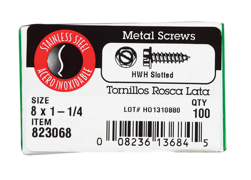HILLMAN No. 8 X 1-1/4 in. L Slotted Hex Washer Head Sheet Metal Screws 100 pk