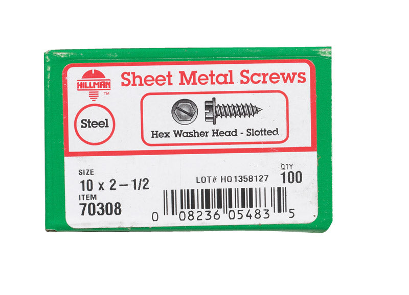 HILLMAN No. 10 X 2-1/2 in. L Slotted Hex Washer Head Sheet Metal Screws 100 pk
