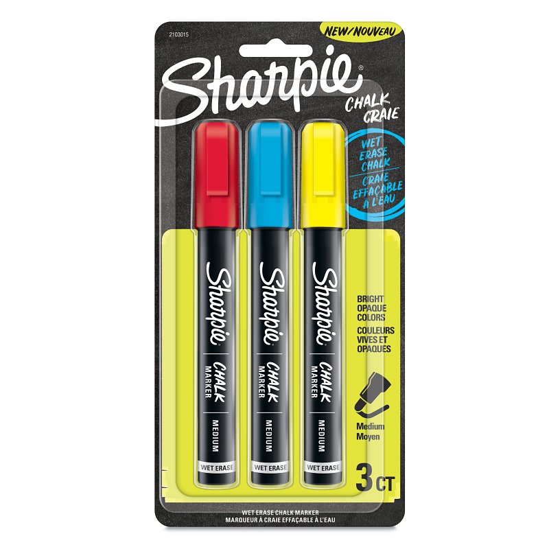 Sharpie 2103015 Chalk Marker, Bullet Lead/Tip, Medium Lead/Tip, Blue/Red/Yellow Lead/Tip