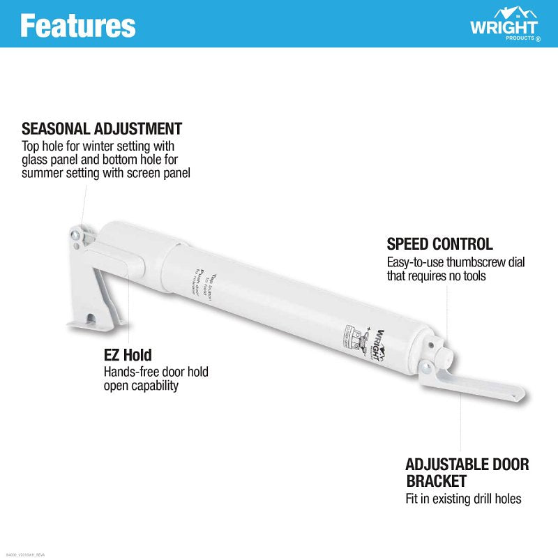 Wright Products V2016WH Pneumatic Storm Door Closer, 11-1/4 in Dia Rod, 12-3/4 in L, Gloss, 90 deg Opening