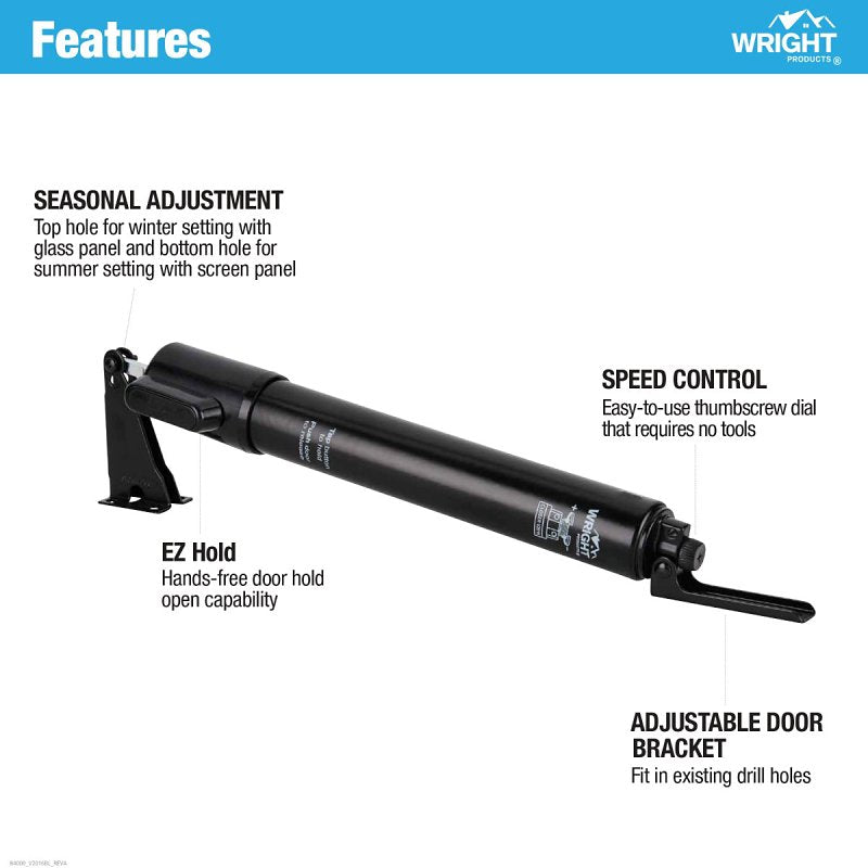 Wright Products V2016BL Pneumatic Storm Door Closer, 11-1/4 in Dia Rod, 12-3/4 in L, Gloss, 90 deg Opening