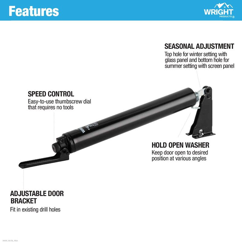 Wright Products V821BL Pneumatic Closer, 9 in Dia Rod, 10-5/8 in L, 90 deg Opening
