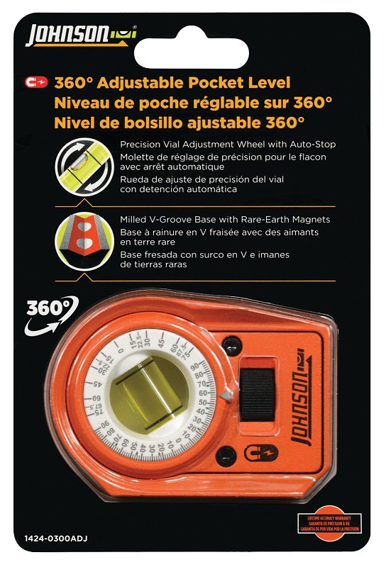 Johnson 1424-0300ADJ Pocket Level, 1 -Vial, Magnetic, Aluminum/Polycarbonate, Orange