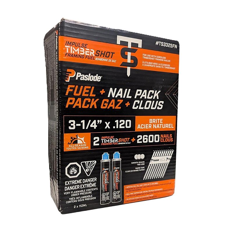 Paslode TS3238FN Framing Fuel and Nail Combo, 2-3/8 in L, Brite, Round Head, Smooth Shank