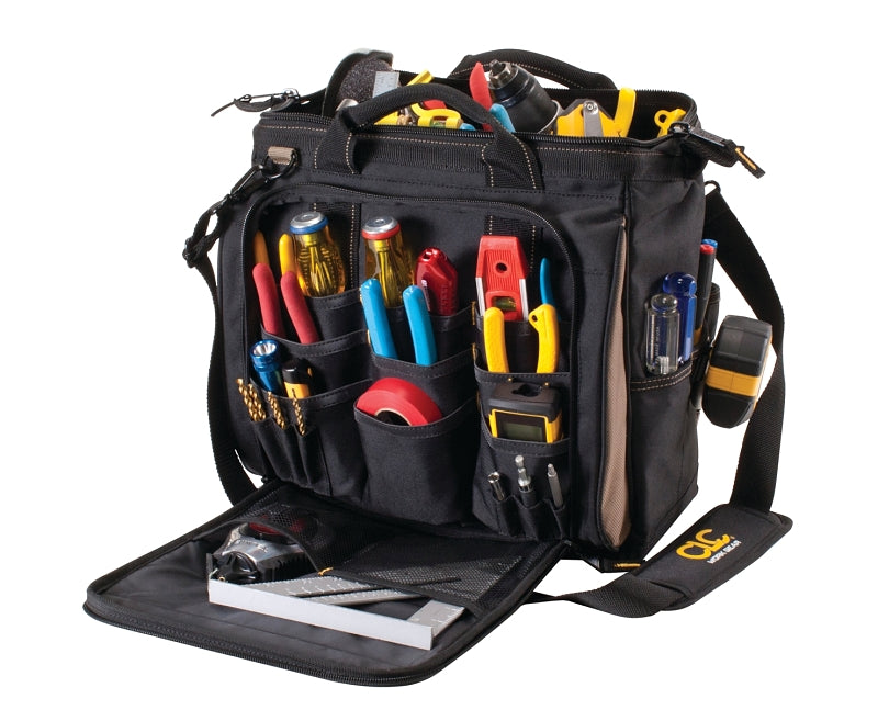 CLC Tool Works Series 1537 Multi-Compartment Tool Carrier, 7 in W, 13 in D, 13 in H, 33-Pocket, Polyester, Black/Brown