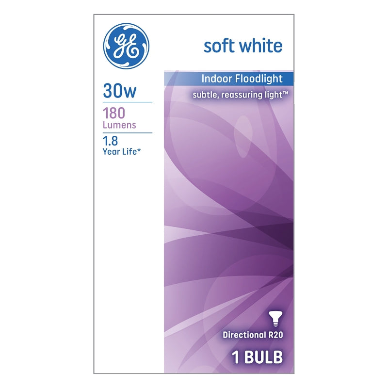 GE 14891 Light Bulb, 30 W, R20 Lamp, E26 Medium Lamp Base, 180 Lumens, 2600 K Color Temp, Soft White Light, Pack of 6