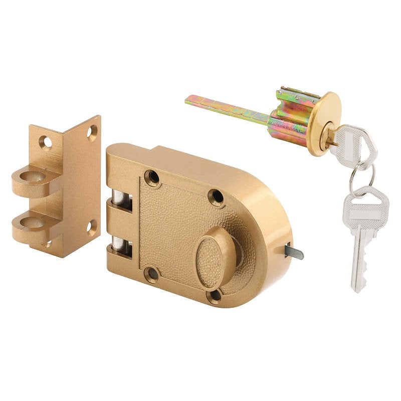 Prime-Line U 9970 Rim Deadbolt, Keyed Different Key, Aluminum, Brass, 2-1/2 in Backset, Kwikset Keyway