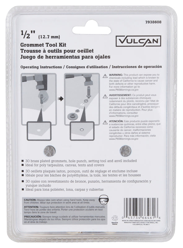 Vulcan JL-VT15988 Grommet Tool Kit, 30 -Piece, Brass/Steel, Brass/Silver, Brass/Zinc-Plated