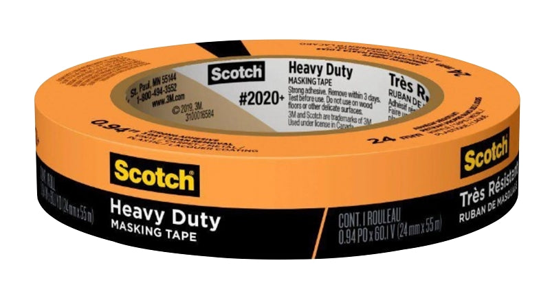 Scotch 2020+OR24 Masking Tape, 60 yd L, 0.94 in W, 0.15 mm Thick, Crepe Paper Backing, Orange