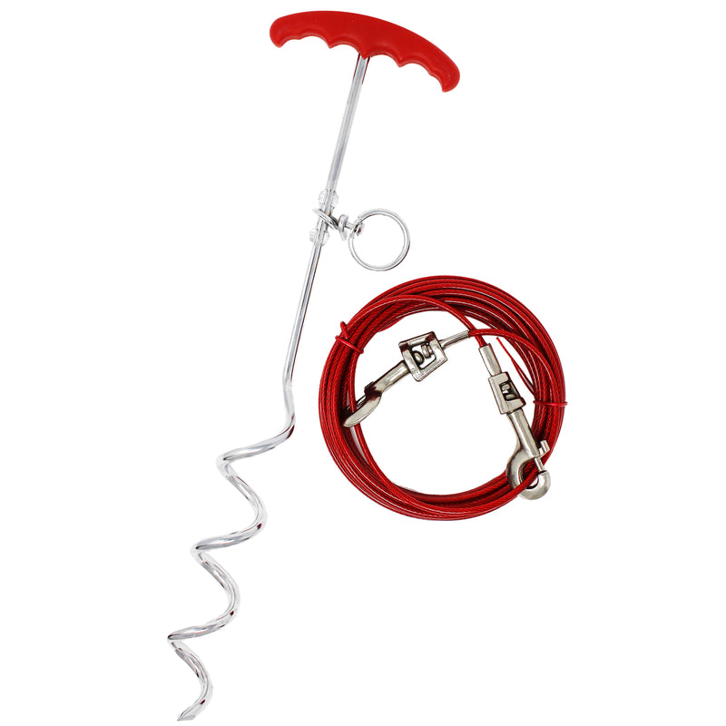PDQ Boss Pet Silver / Red Vinyl Coated Cable Dog Tie Out Stake Large