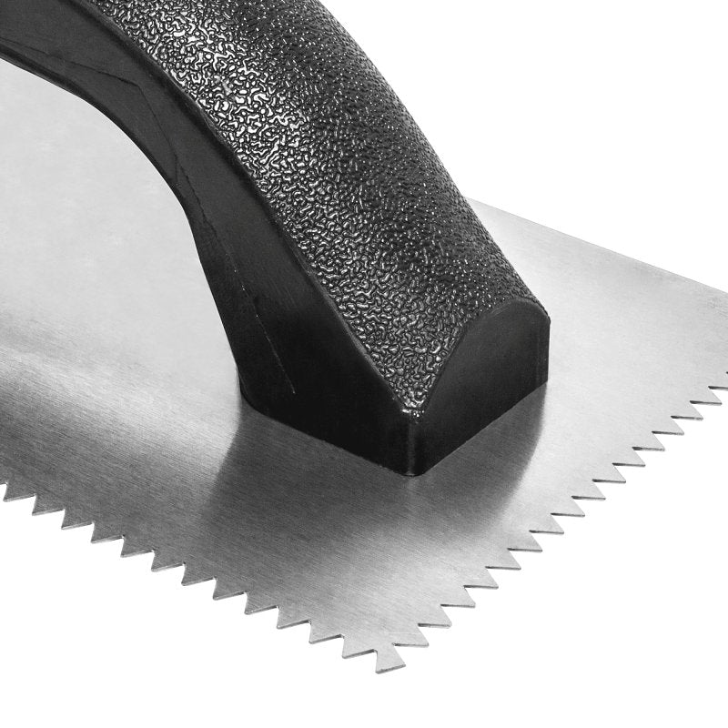 QEP 10115 Standard Notched Trowel, 9 in L, 4 in W, V Notch, Black Handle