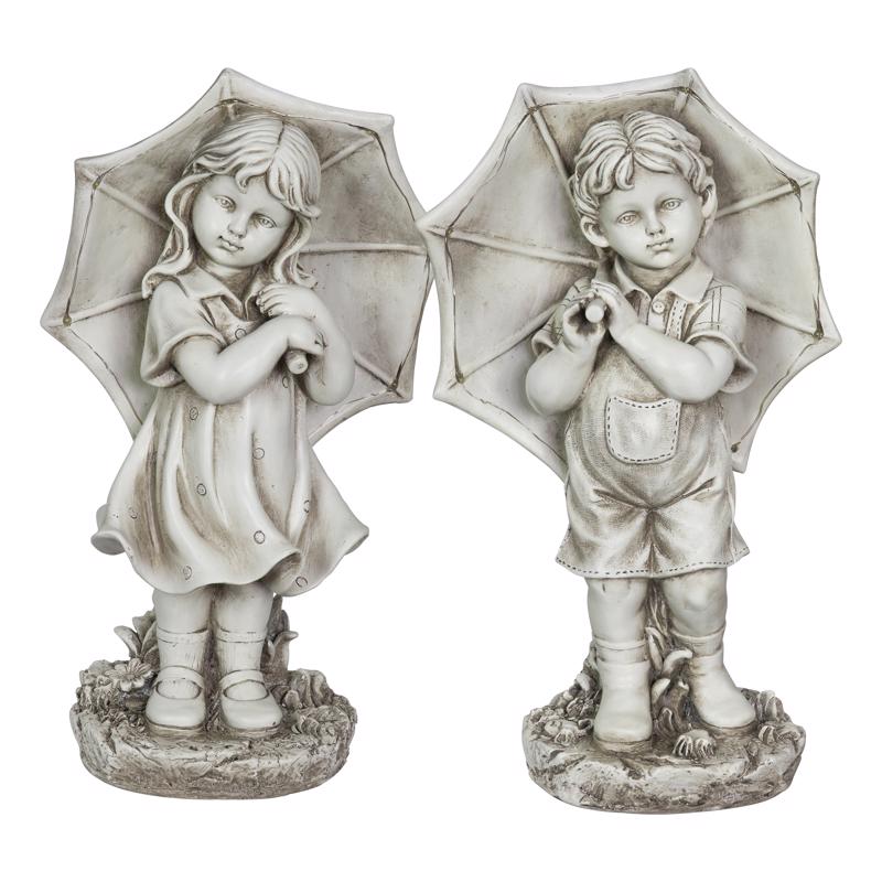 Exhart Resin Stone 18.7 in. Boy and Girl with Umbrella Statue, Pack of 2