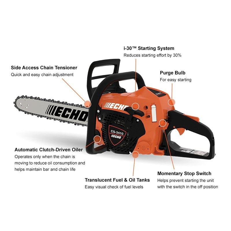 Echo CS-3410-14 Chainsaw, 34.4 cc Engine Displacement, 2-Stroke Engine, 14 in L Bar, 3/8 in Pitch, 91PX Chain, i30 Start