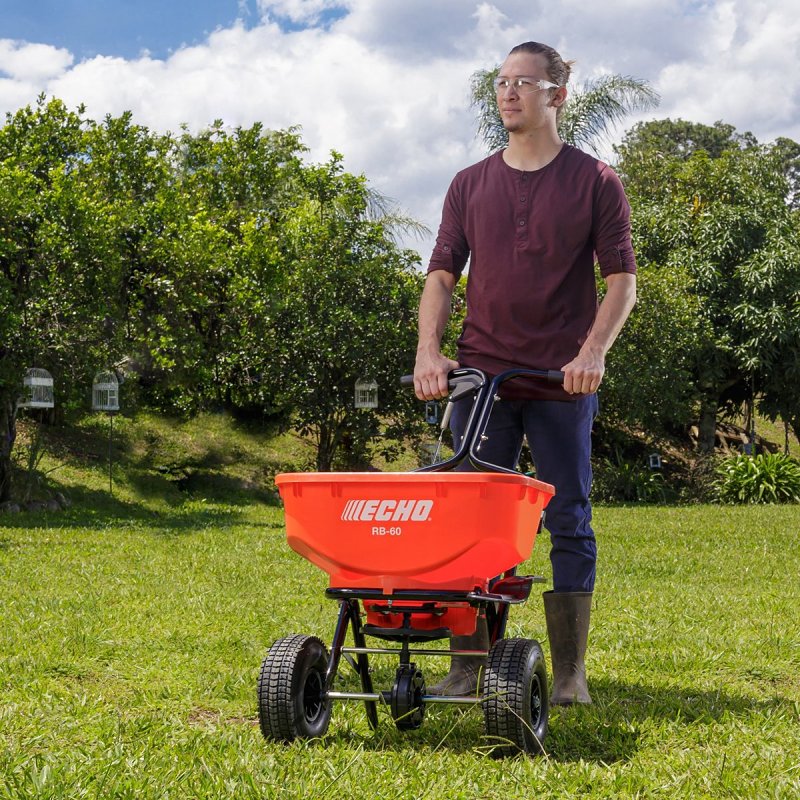 Echo RB-60 Hopper Spreader, 25,000 sq-ft Coverage Area, 60 lb Capacity, Steel Frame, Pneumatic Wheel