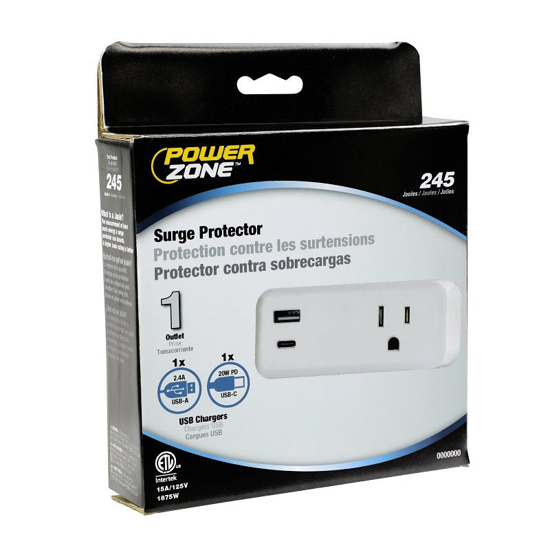 Powerzone ORSUC416 Surge Protector, 15 A, 125 V, 2-USB Port, 1-Outlet, White