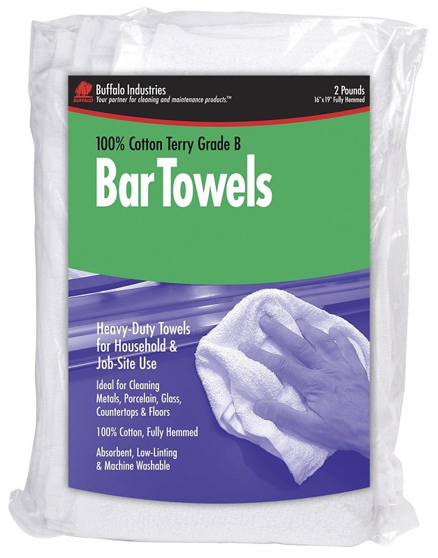 Buffalo 12051 Grade-B Bar Towel, 19 in L, 16 in W, Cotton, White