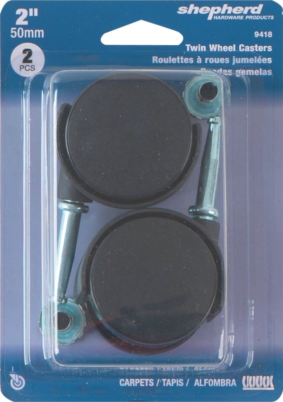 Shepherd Hardware 9418 Twin Wheel Caster, 2 in Dia Wheel, Nylon Wheel, Black, 75 lb, Plastic Housing Material