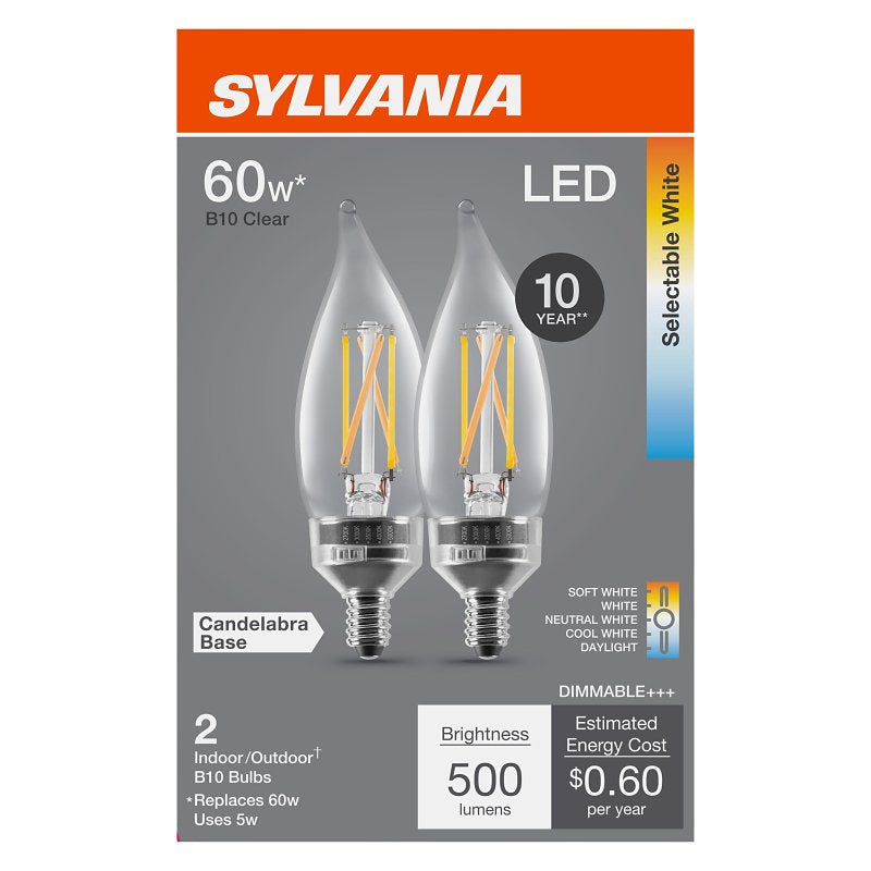 Sylvania 42597 LED Bulb, 5CCT Selectable, B10 Lamp, 60 W Equivalent, E12 Candelabra Lamp Base, Dimmable, Clear