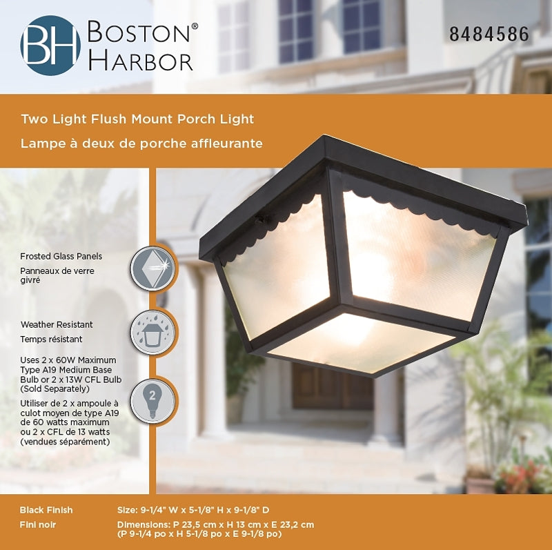 Boston Harbor 991-070082BK Two Light Flush Mount Porch Light, 120 V, 60 W, 2-Lamp, A19 or CFL Lamp, Black Fixture