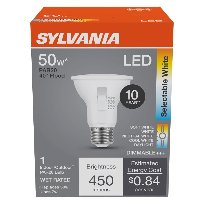 Sylvania 42565 LED Bulb, 5CCT Selectable, PAR20 Lamp, 50 W Equivalent, E26 Medium Lamp Base, Dimmable, Frosted, Pack of 4