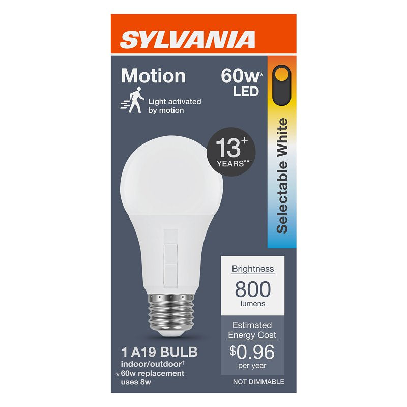 Sylvania 42561 Motion Sensor LED Lamp, A19 Lamp, 60 W Equivalent, E26 Medium Lamp Base, Non-Dimmable, Frosted, Pack of 6