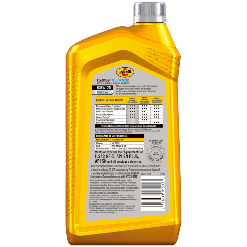Pennzoil Platinum 5W-20 4-Cycle Synthetic Motor Oil 1 qt 1 pk, Pack of 6