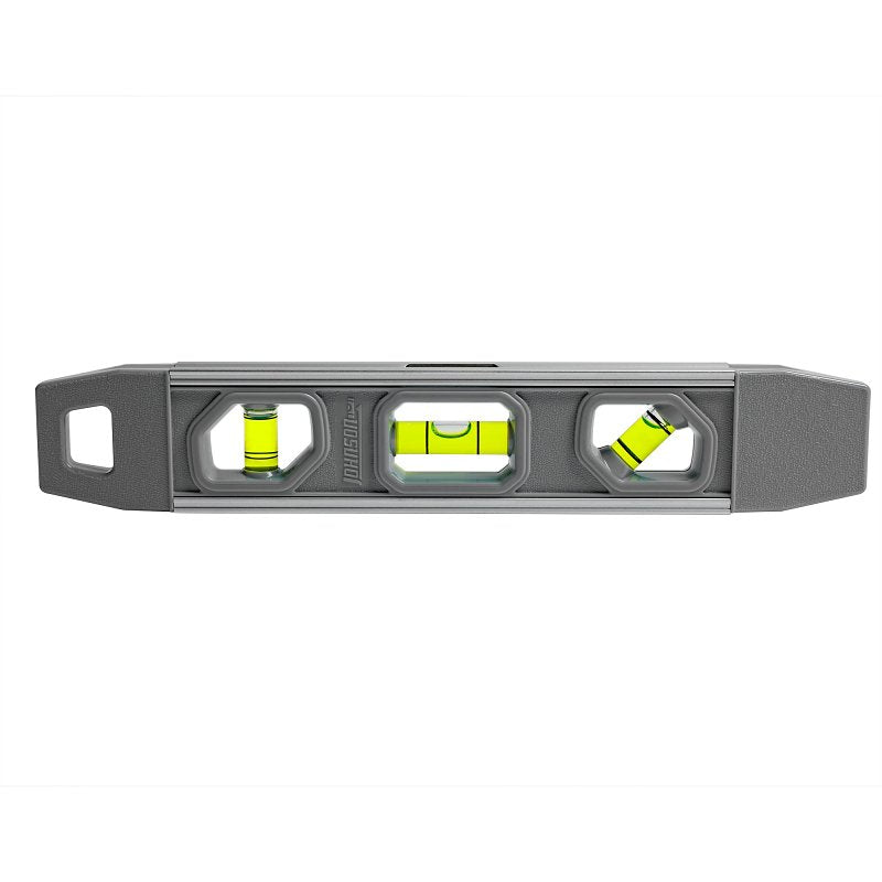 Johnson 1405-0900 Torpedo Level, 9 in L, 3-Vial, Magnetic, Aluminum/Rubber, Gray