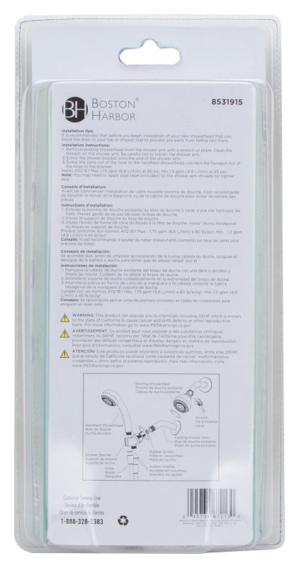 Boston Harbor DS3068WH Handheld Showerhead, 1.75 gpm, 1/2 in Connection, Threaded, PVC, 1-5/8 in Dia, 60 in L