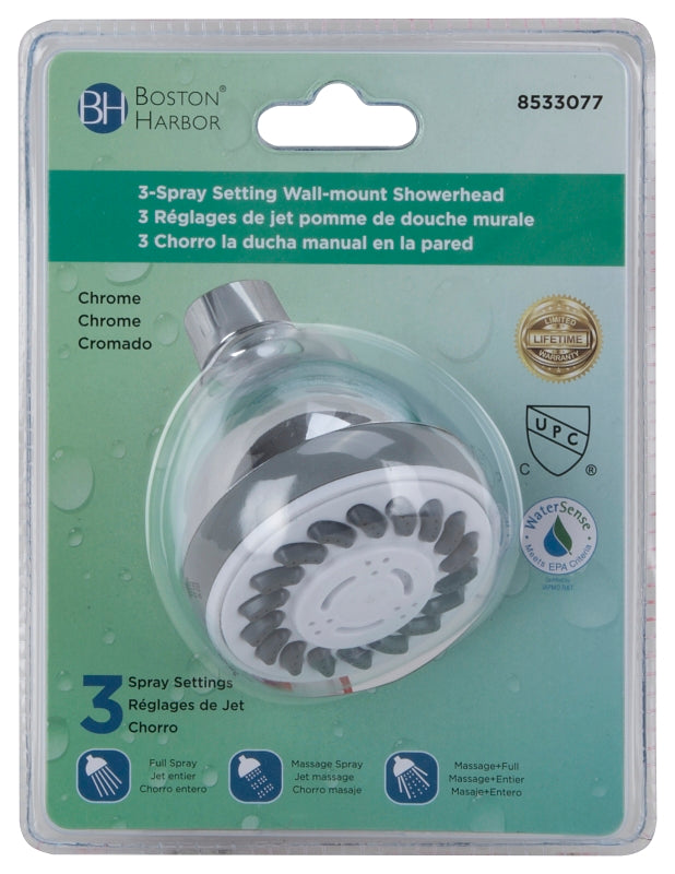 Boston Harbor SD3068CP Fixmount Shower Head, 1.75 (6.6) 80 gpm (L/MIN) psi, 1/2-14 NPT Connection, Threaded, ABS