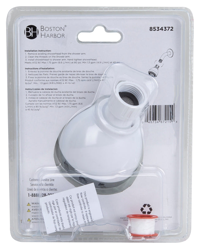 Boston Harbor SD3068WH Fixmount Shower Head, 1.75 (6.6) 80 gpm (L/MIN) psi, 1/2-14 NPT Connection, Threaded, ABS