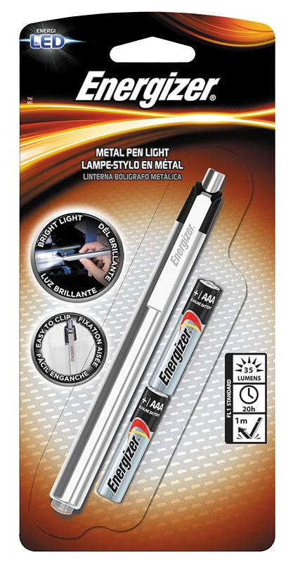 Energizer PLED23AEH LED Penlight, AAA Battery, 11 Lumens, 27 m Beam Distance, 16 hr Run Time, Silver