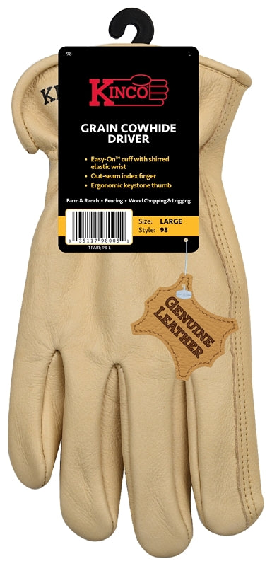Kinco 98-L Driver Gloves, Men's, L, Keystone Thumb, Easy-On Cuff, Grain Cowhide Leather, Tan
