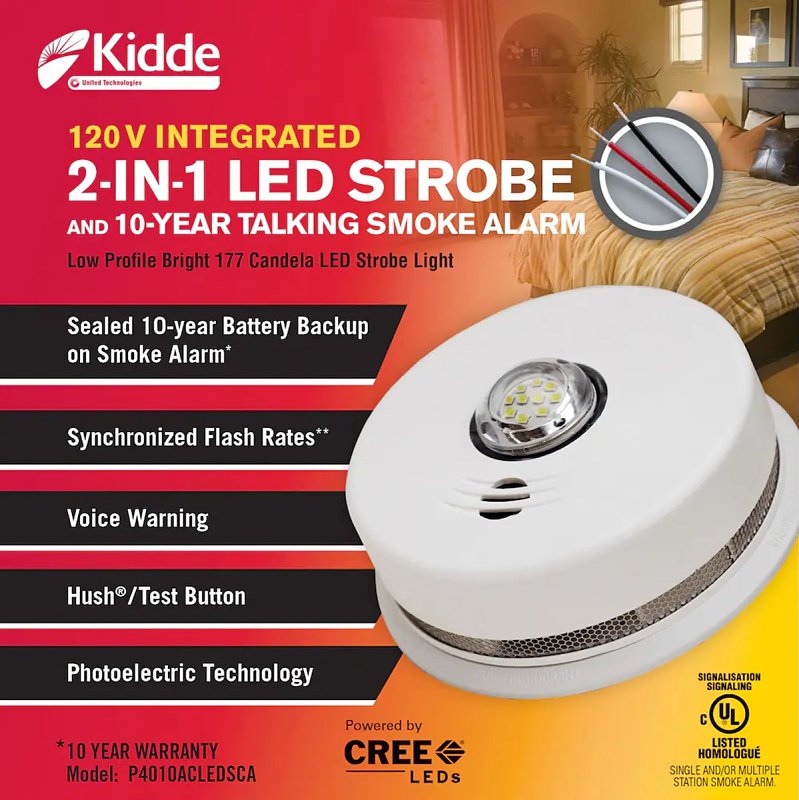 Kidde P4010ACLEDSCA Smoke Alarm, 120 V, Photoelectric Sensor, 85 dB, Alarm: Audio, White
