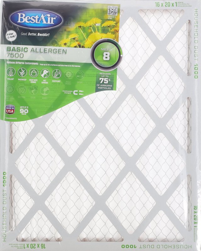 BestAir B1-1620-8-12 Air Filter, 20 in L, 16 in W, 8 MERV, 600 MPR, Pack of 12