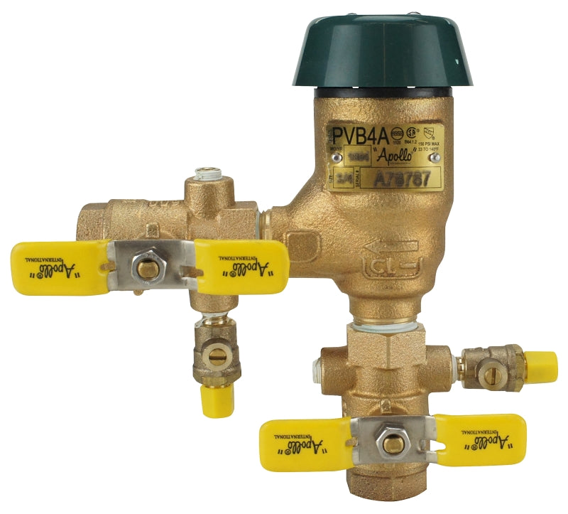 Apollo 4A504A2F Pressure Vacuum Breaker, 7-5/8 in H, 3/4 in Connection, 150 psi Max Pressure, Brass